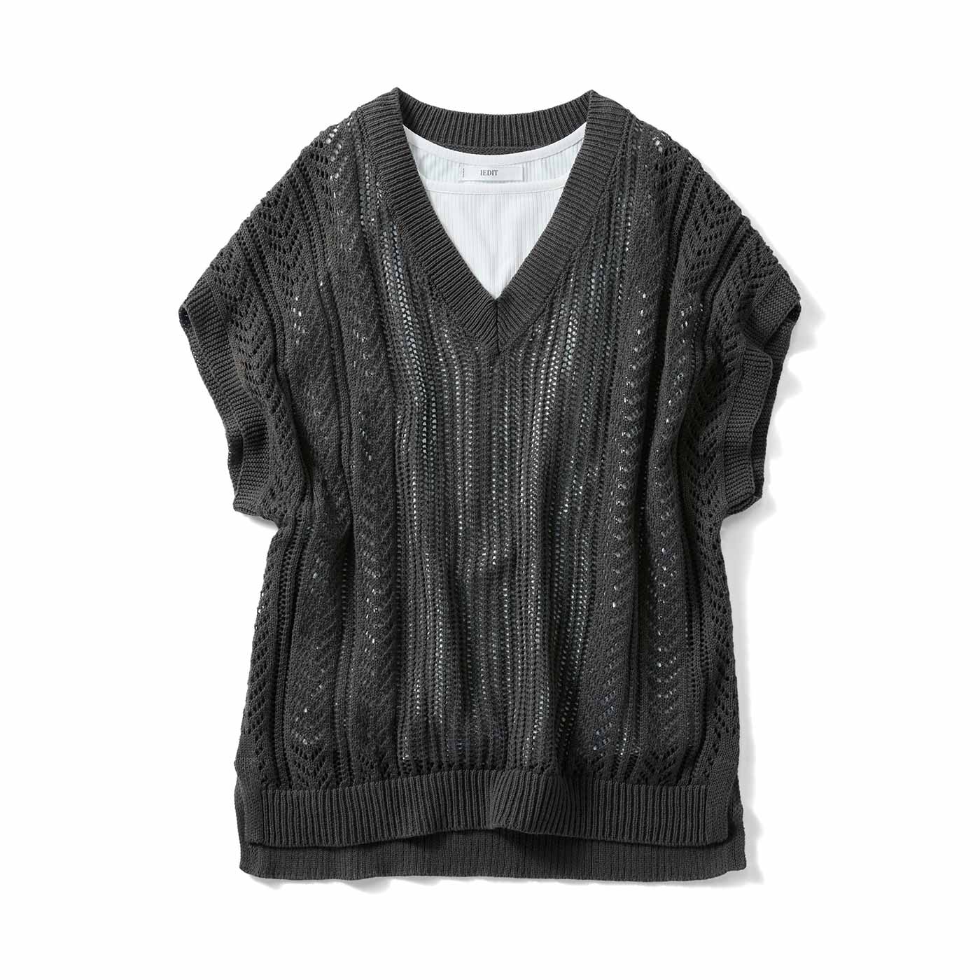 IEDIT|大人のレイヤード メッシュニット＆タンクトップのバランスセット〈カーキ〉